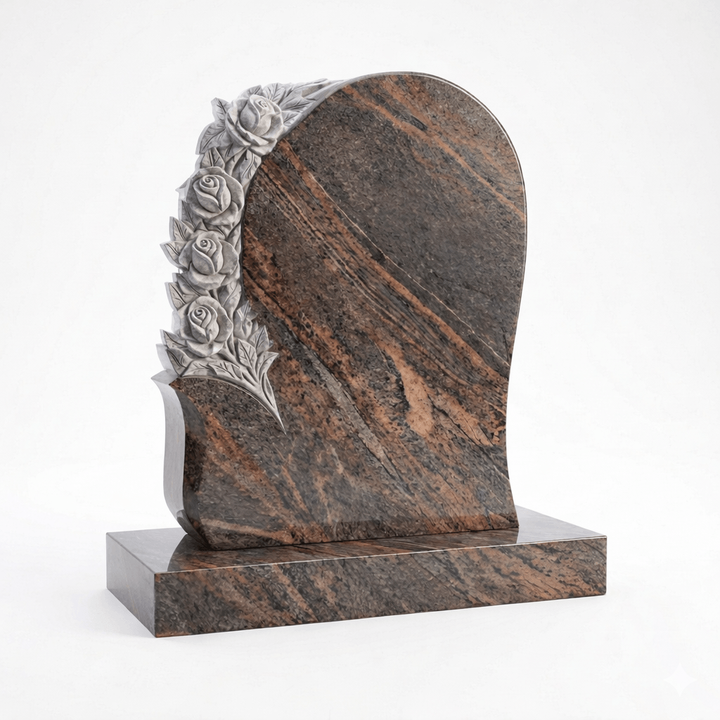 Himalayan Blue Granite with Special Shaped Headstone and Cluster of Carved Roses