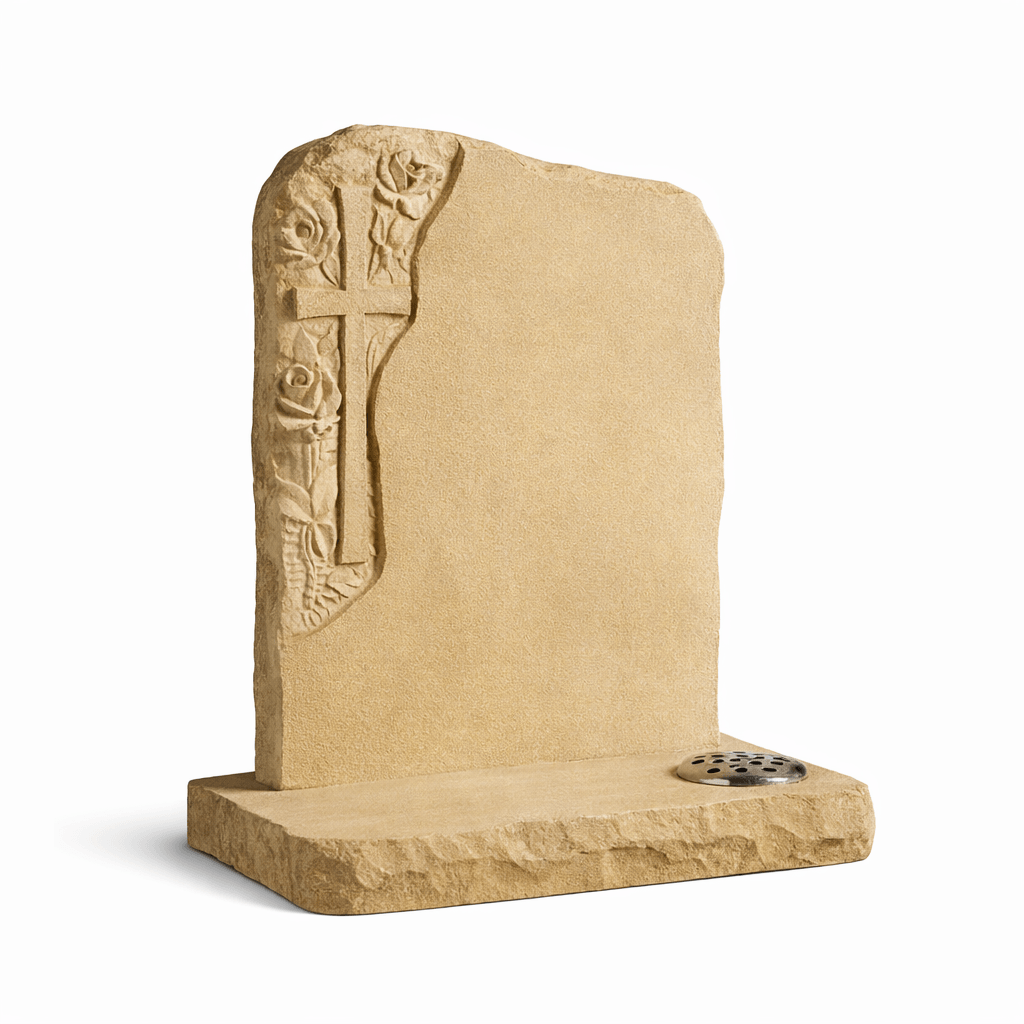 Yorkstone Lawn Memorial with Engraved Cross & Flowers