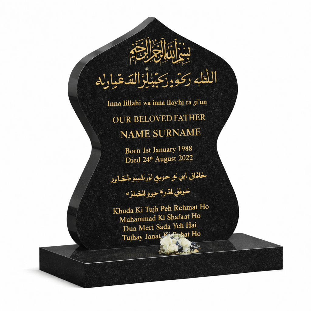 The Serenity Curve Lawn Memorial is a time upright headstone crafted from durable granite, offering a traditional and dignified tribute. Its gently curved top softens the overall form while maintaining a strong, reassuring presence. The natural grain of the stone provides subtle character without distracting from the inscription.