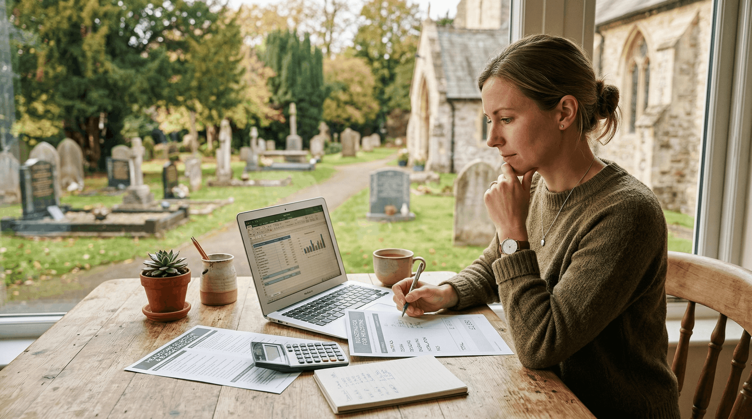 Woman working out cost of headstone