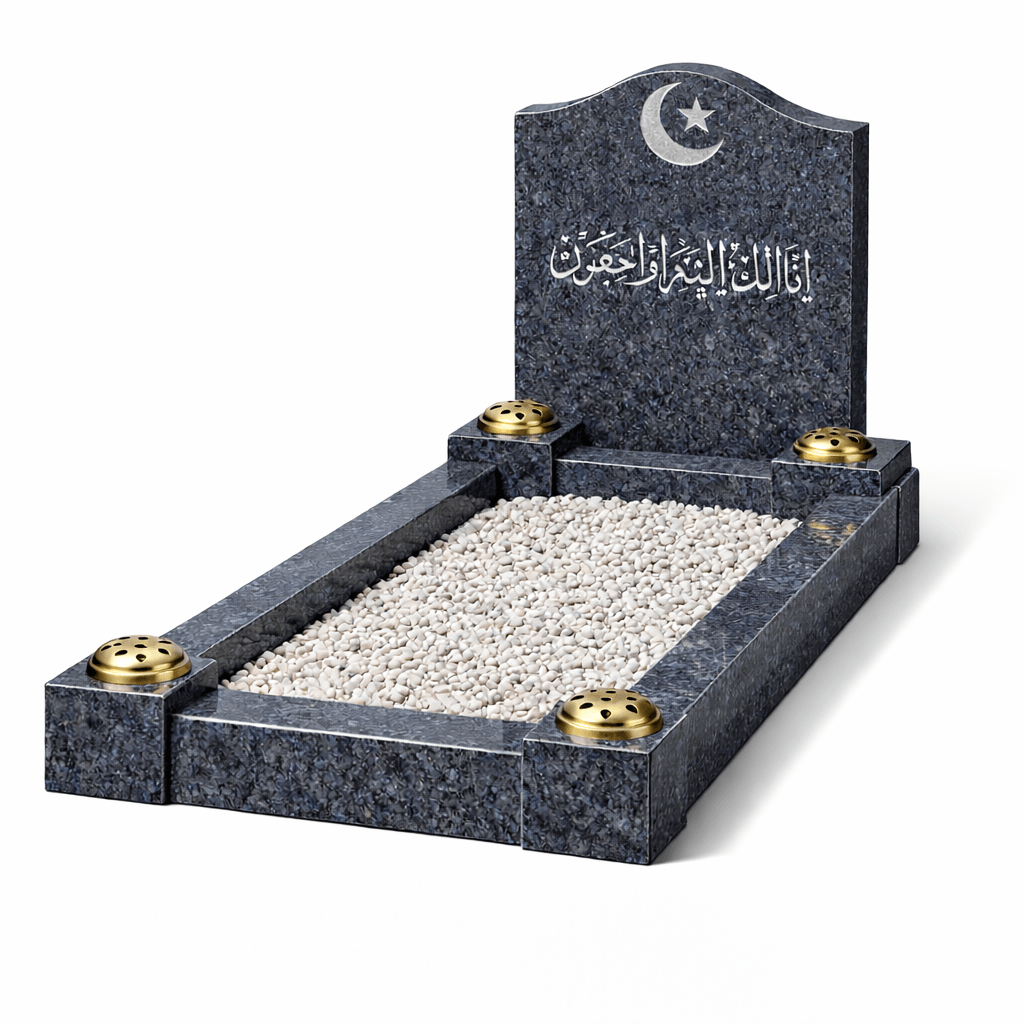 A dignified Islamic kerb memorial crafted from polished granite, featuring an elegant ogee headstone with a crescent and star motif. The memorial is complemented by a full kerb surround with decorative posts and a pebble infill area, creating a respectful and beautifully defined resting place.