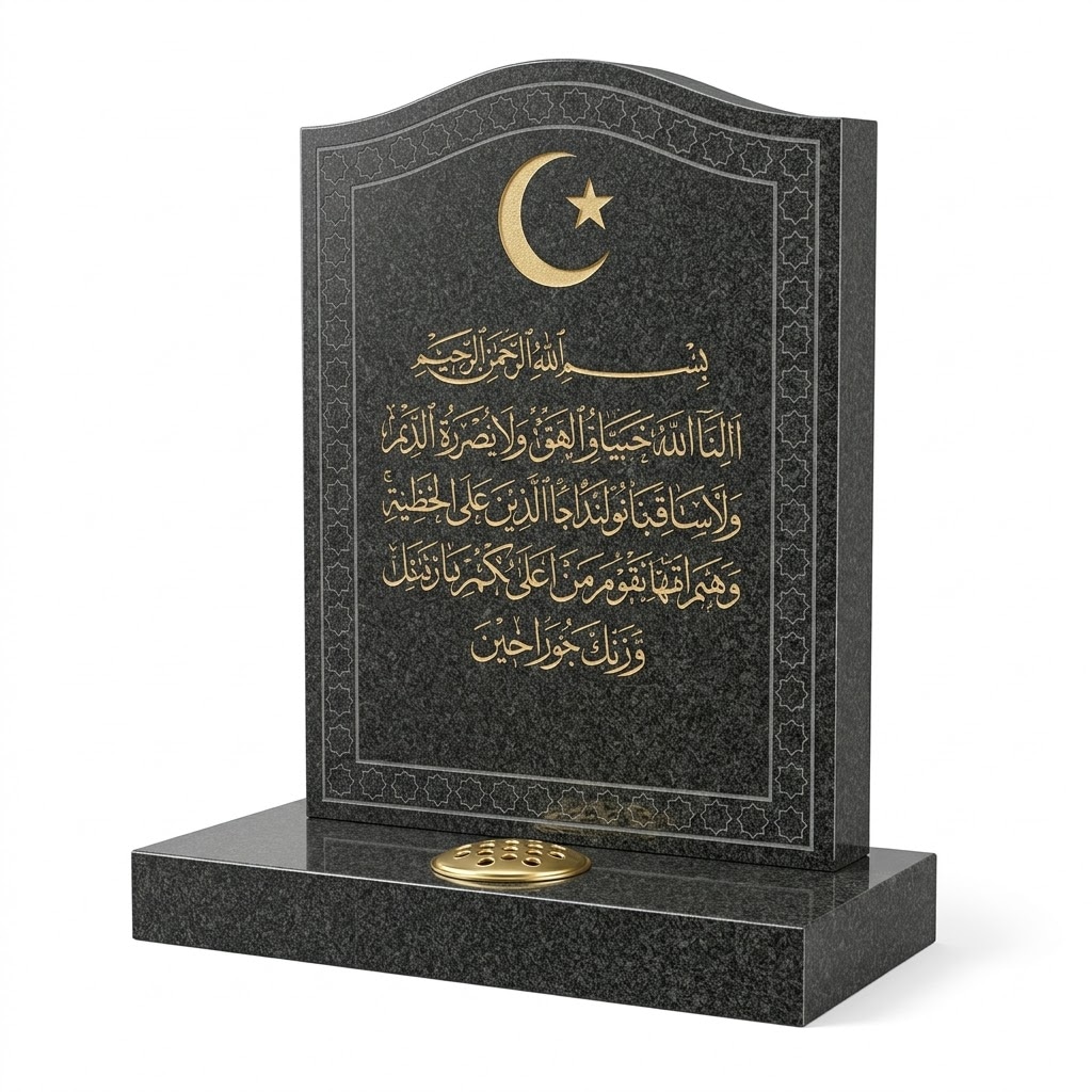 This elegant headstone is crafted from premium, high-polish dark grey granite, offering a timeless and dignified tribute. The design features a traditional "ogee" or scalloped top, framed by an intricate geometric border that reflects classic Islamic artistry.