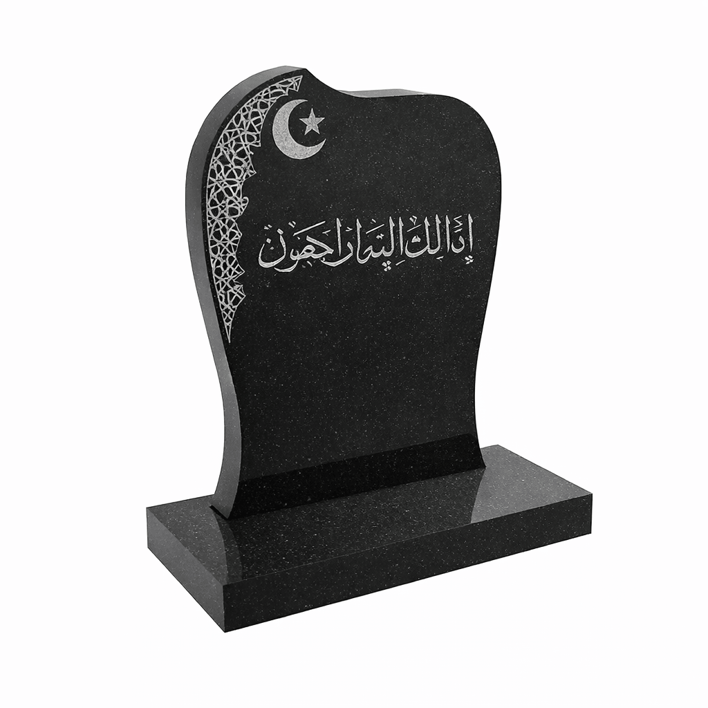 A polished black granite Islamic memorial headstone featuring a traditional mosque-arch silhouette and precision sandblasted crescent and star motif. The memorial includes a solid granite base with a brass flower holder and is designed for elegant, durable commemoration.