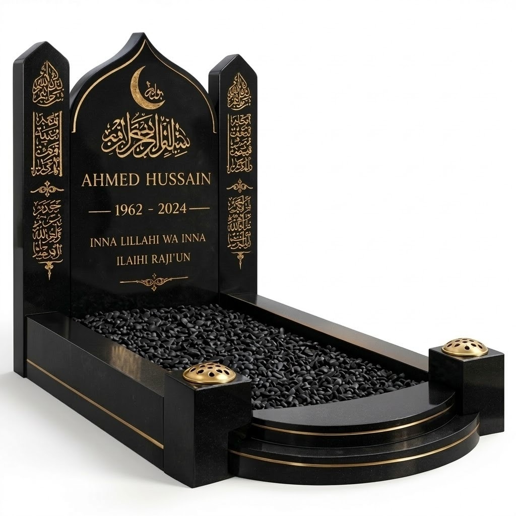 Black Granite Islamic Kerb Set Memorial with Gold Detailing