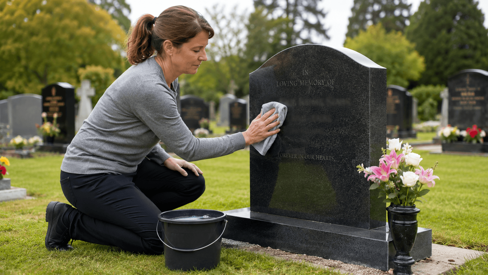 Woman cleaning granite headstone