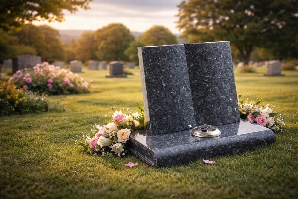 Book-shaped granite memorial with flowers in golden light