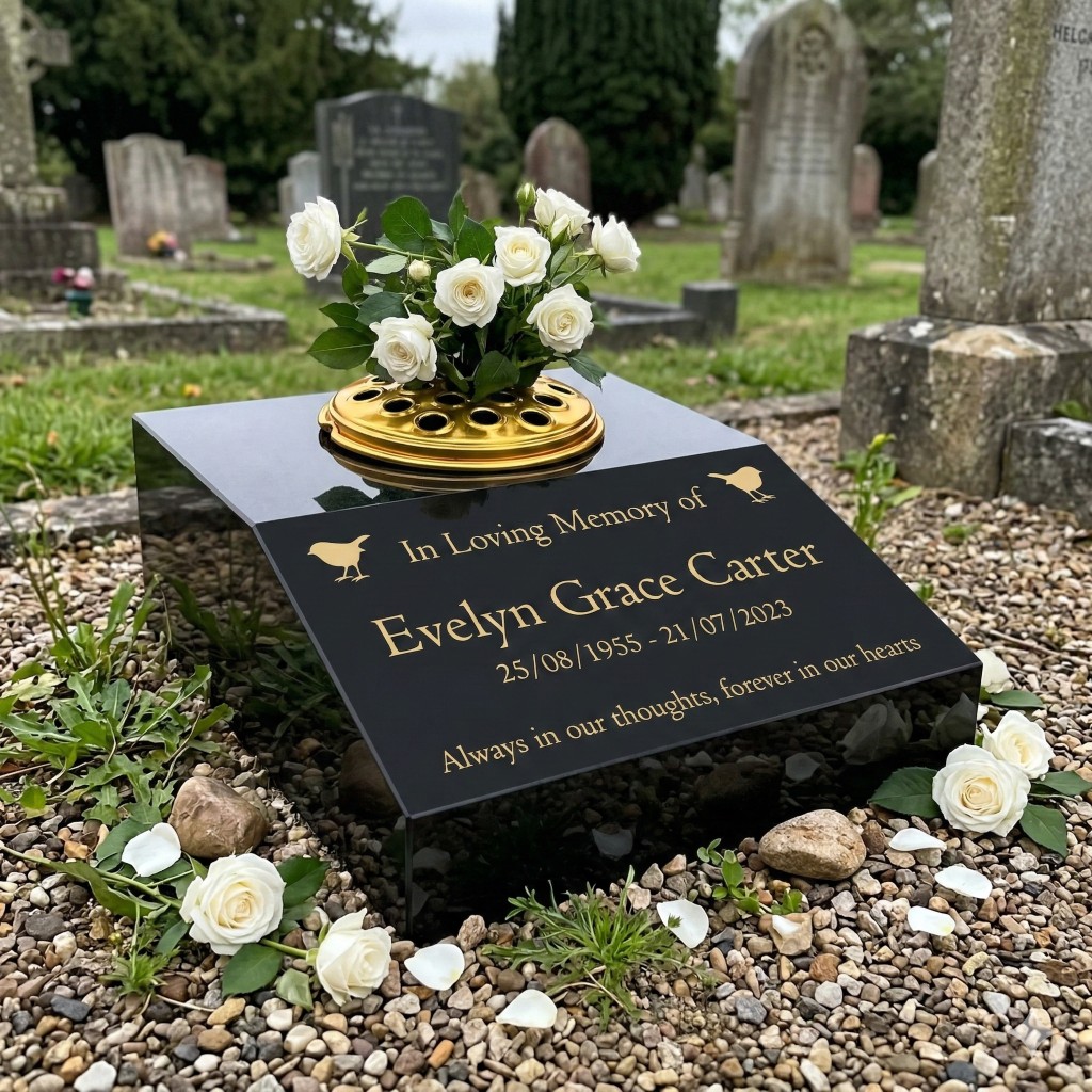 Granite cremation memorial with vase and roses