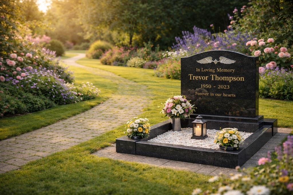 Elegant black granite garden kerb set with gold rose emblem, green decorative chippings and floral tributes in a peaceful cemetery setting