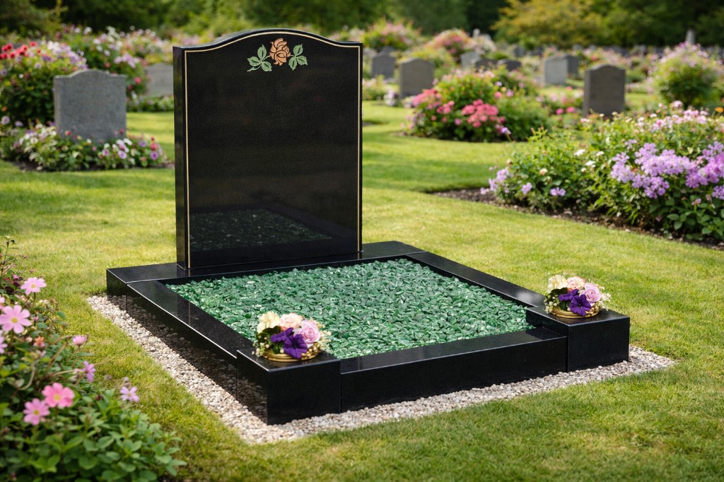 Black granite garden kerb set with floral tributes