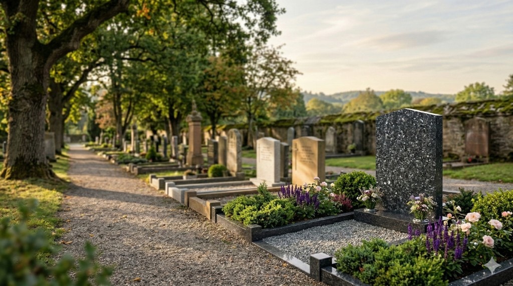 Polished black granite lawn memorial with scalloped top, white lilies and purple flowers in a peaceful memorial garden