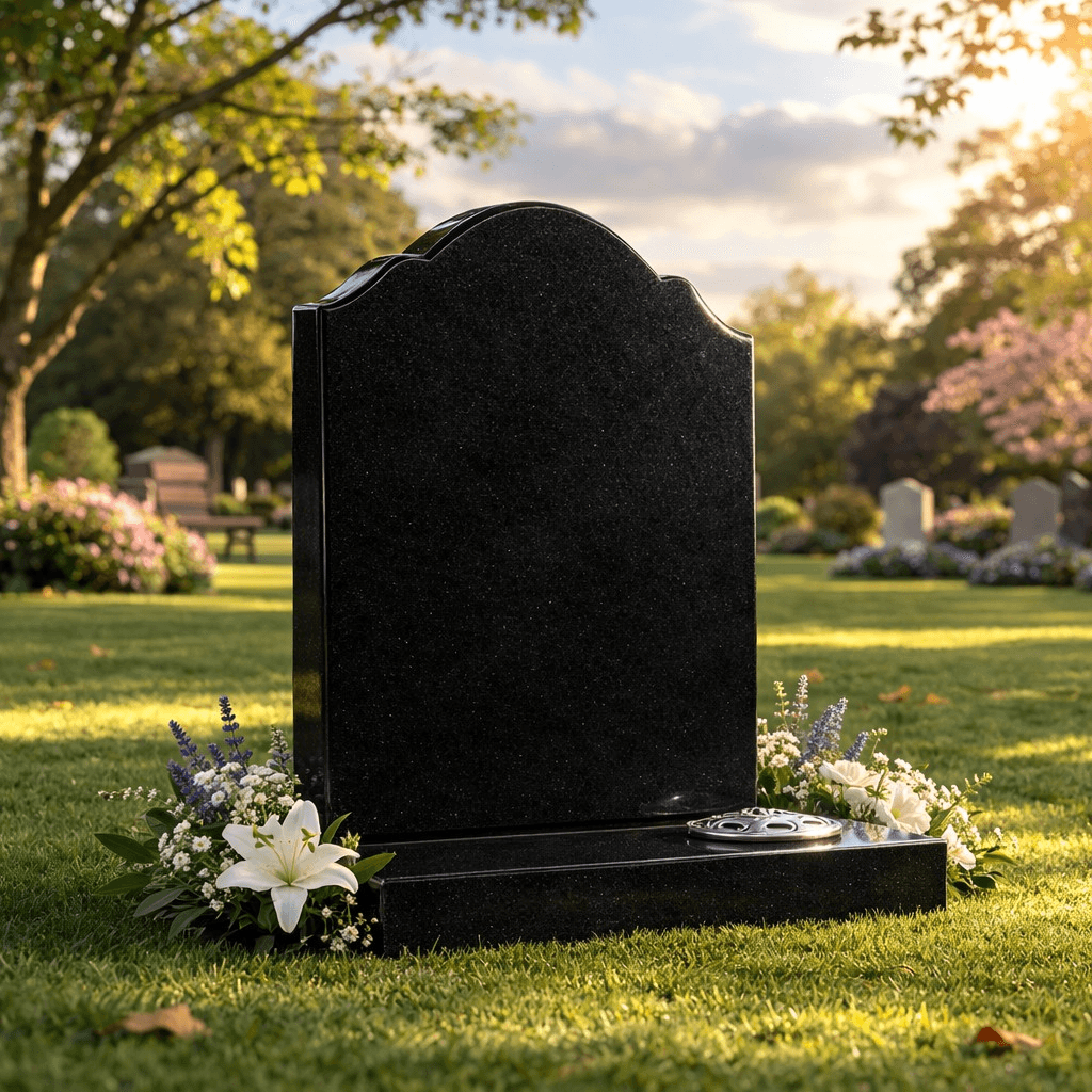 Polished black granite lawn memorial with scalloped top, white lilies and purple flowers in a peaceful memorial garden