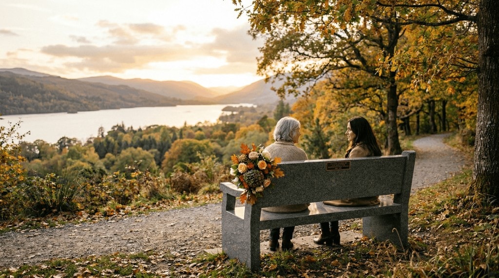 Stone memorial bench with a commemorative plaque and autumn flowers; two people seated in quiet conversation overlooking a lake and hills at sunset