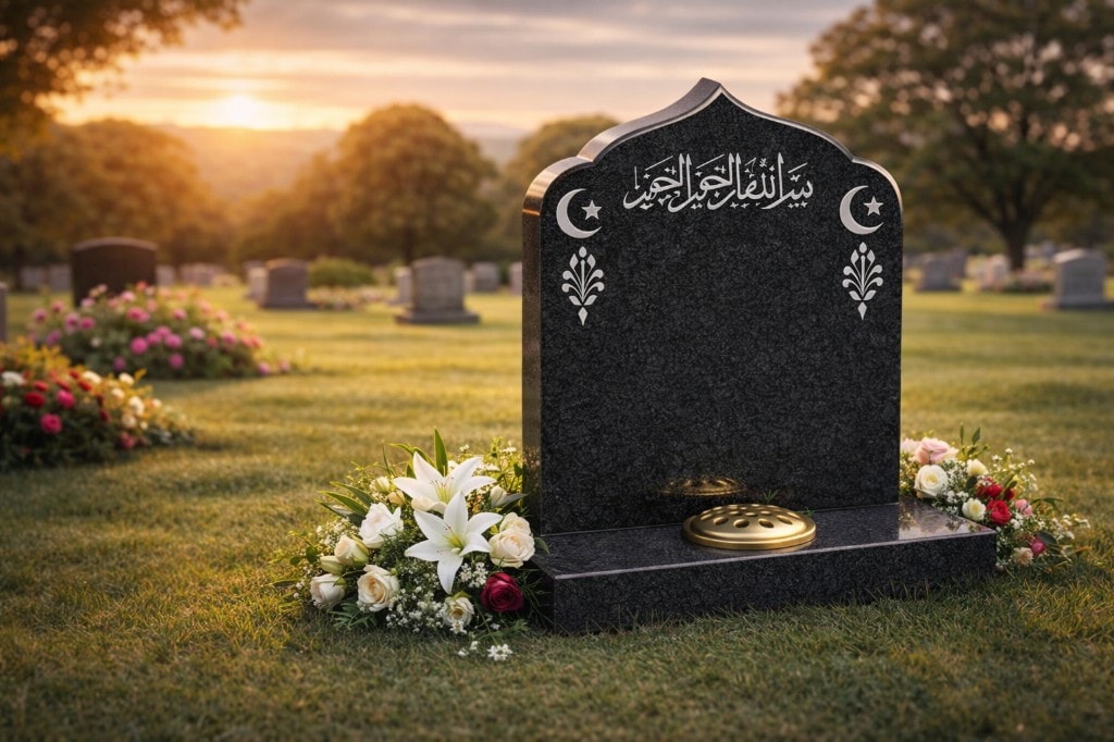 Islamic headstone with Arabic calligraphy and crescent and star in golden light