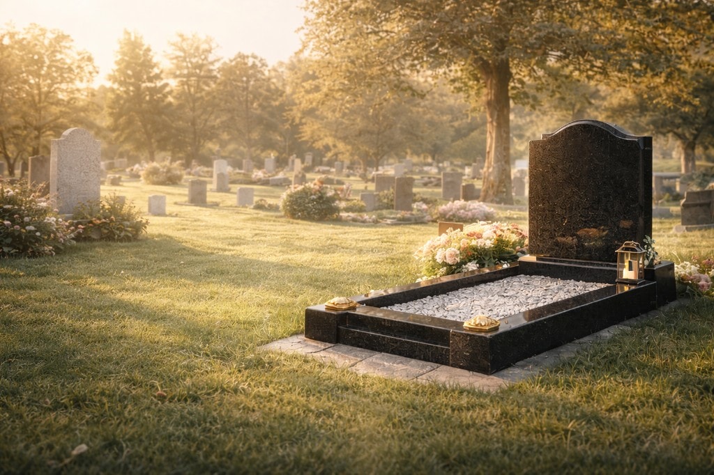 Granite memorial in a peaceful cemetery setting