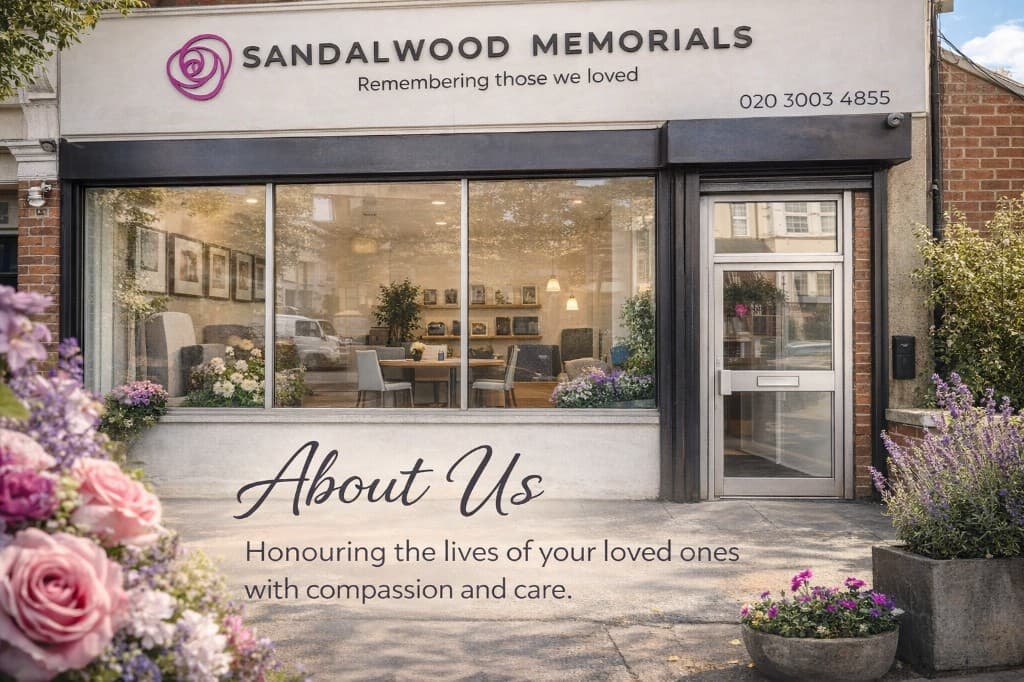 Sandalwood Memorials Showroom Sandalwood Memorials showroom exterior with welcoming entrance and floral displays