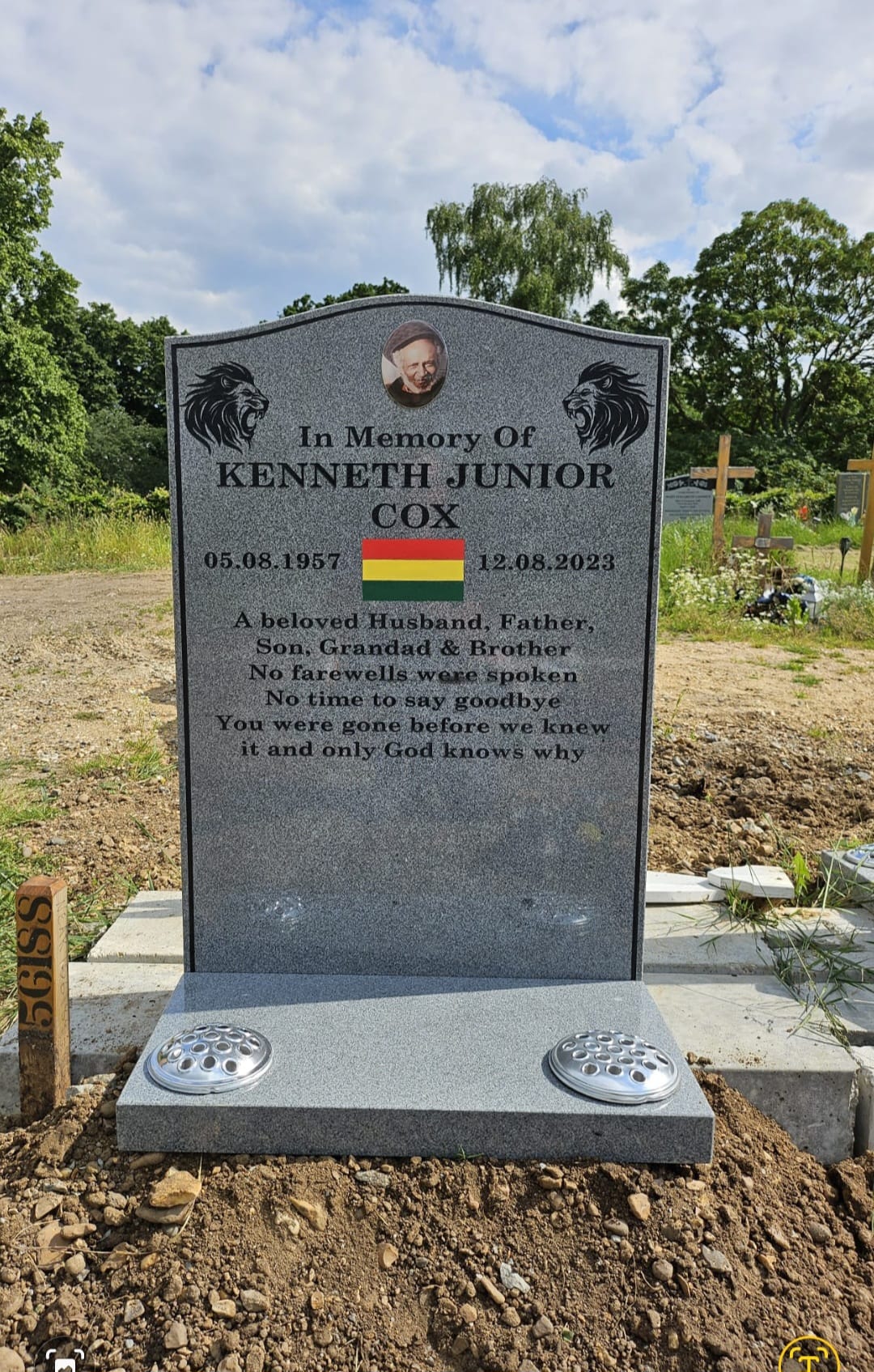 Granite lawn memorial with vase at City of London Cemetery, East London - Professional memorial installation