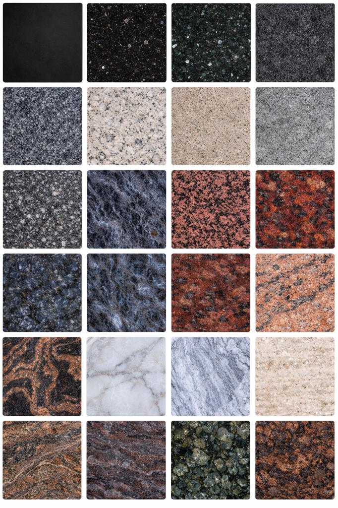 Premium granite colour samples – black, grey, white, red, blue and green granites in a range of finishes